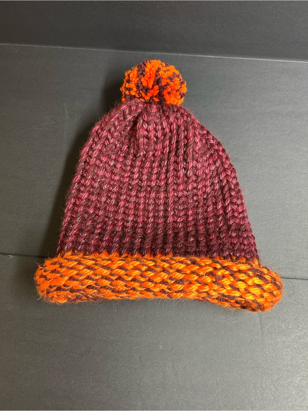Maroon and Orange Two-Tone Pom Beanie Hat